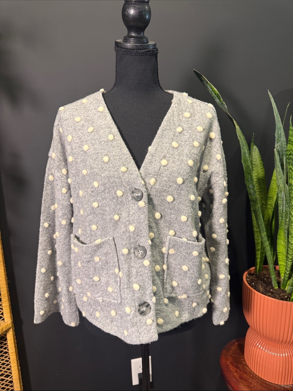 Cozy Gray Pom-Pom V-Neck Button Cardigan Sweater